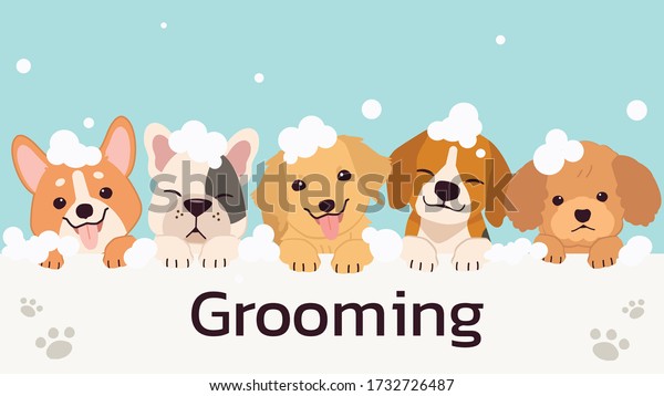 The banner group of\
cute dog and friend with bubble in flat vector style. illustation\
of pet grooming for content, label, banner,graphic and greeting\
card.