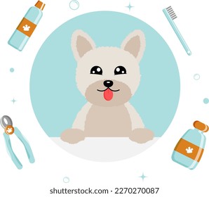 Banner group de herramientas y suministros de perros lindos al estilo vectorial plano. ilustración de cuidado de mascotas para contenido, etiqueta, banner, gráfico y tarjeta de saludo. Ilustración del vector