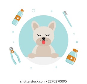 Banner group of cute dog tools and supplies in flat vector style. pet care illustration for content, label, banner, graphic and greeting card. Vector illustration