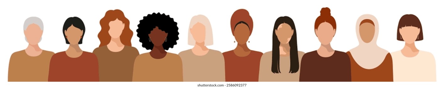 Banner with group of faceless women of different skin color, nationality, religion. International March 8. Accelerate Action. National Equality Women's Day, USA. Flat transparent vector EPS 10