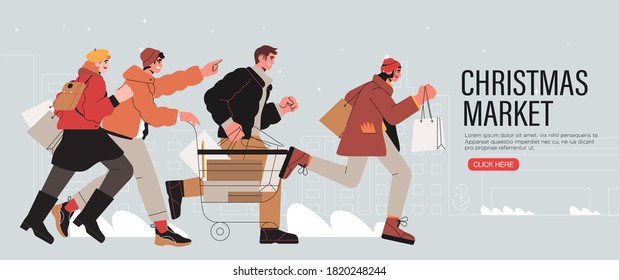 Banner with group of people or friends running with shopping cart to buy gifts for christmas or new year on market or fair big sale. Friends prepare presents on winter holidays. Vector characters.