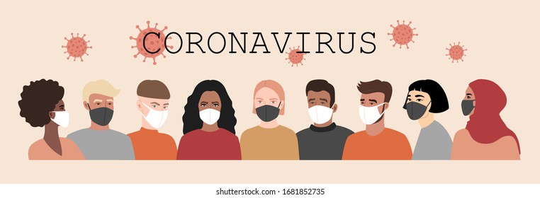 Coronavirus, covid-19. Personas con mascarillas blancas y negras. Ilustración de la pancarta vectorial.