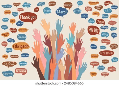 Banner with group raised hands of multicultural people from different nations and continents with speech bubbles with text -THANK YOU- in various international languages.Equal.Communication