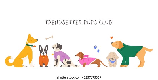 Banner with a group of various breed dogs wearing colorful winter outfits. Hand drawn cartoon animals vector illustration. 