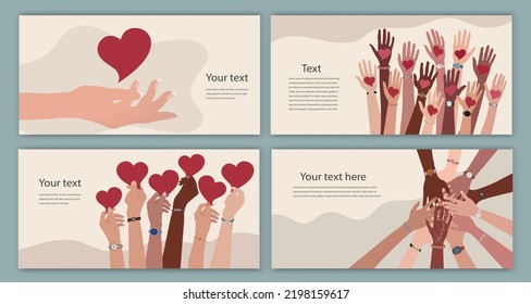 Cartel con un grupo de voluntarios de diversidad - plantilla de afiches editable. Mano arriba sosteniendo un corazón en la mano. Donación de solidaridad de caridad. Comunidad. Manos en círculo. ONG. página web