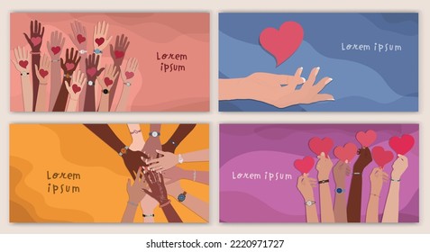 Banner with group of volunteer diversity people. Editable poster template. Hand up holding a heart in their hand. Charity solidarity donation. NGO. Community. Hands in a circle. Web page