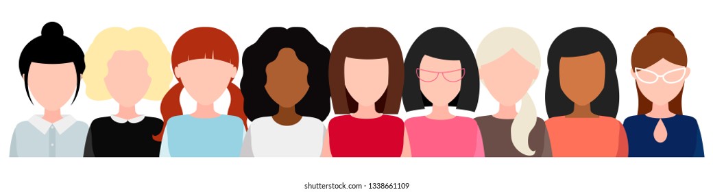 Banner with group of women without face, social movement, empowerment of women. The concept of feminism, power girls. Vector illustration.  Women's team together.