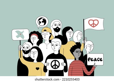 Banner with groups of people participating in the action. Diverse people with signs, banners and placards in their hands at a 
International Peace Day.