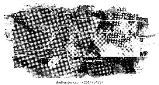 Banner with grunge textured rough edges and halftone dots, scratches, brush strokes, noise and print textures .Paint roller. Glitch distorted grange shape . Glitched frame . Distressed effect .Vector 