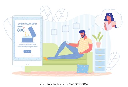 Banner, Guy Buys Wedding Ring Online, Vector. Man Lies on Sofa in Room and Thinks about his Girlfriend. He Uses Special Application on Phone to Select Ring for Proposal to Get Married.