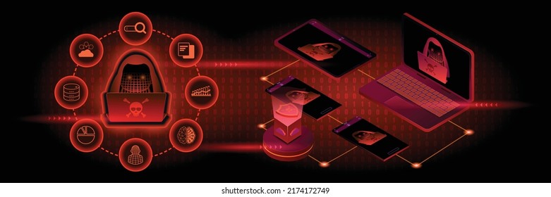 Banner de Hacker e iconos de datos con fondo abstracto