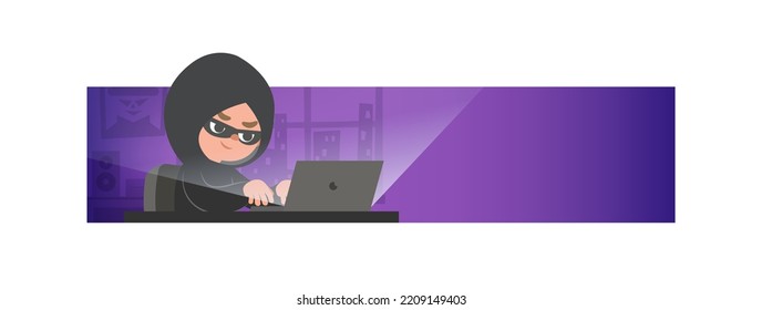 Banner a hacker are hacking from the internet by laptop in the room. illustration vector cartoon character design. Crime concept.