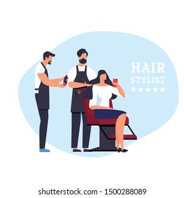 Banner Hair Stylist Celebrity Service in Barbershop. Poster Beautiful Woman Attends Lounge and Sits in Chair by Mirror. Professionals Work on her Hair Cartoon. Vector Illustration.