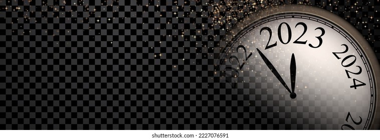 Banner with half-hidden clock showing 2023 with sparkling stars. Transparent background with space for text.