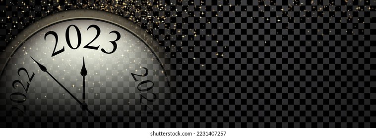 Banner with half-hidden clock showing 2023 with sparkling stars. Transparent background with space for text.