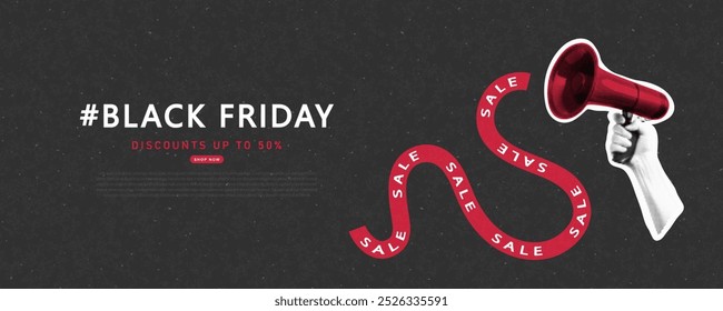 Banner with halftone loudspeaker for Black Friday. Creative collage, paper fashion sale design. Y2K modern template for banner, poster, advertising materials. Vector illustration