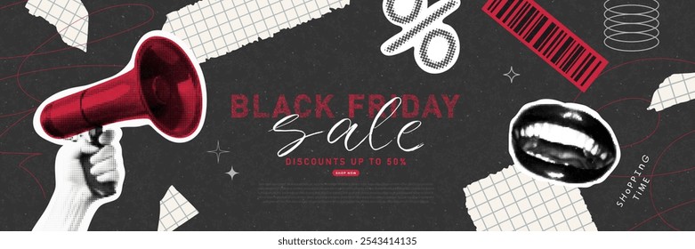 Banner with halftone loudspeaker,laughing mouth, torn pieces of paper, barcode for Black Friday. Creative collage, paper fashion sale design. Y2K modern template for banner, poster, advertising materi