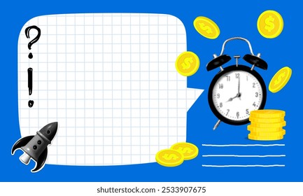 Banner with halftone rocket, alarm clock, coins and piece of torn checkered paper. Modern collage. Business startup concept. Making money. Financial planning