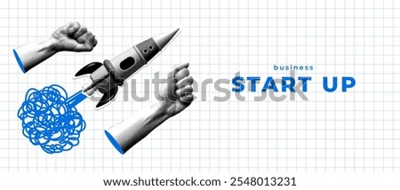 Banner with halftone rocket and human hands on checkered paper. Modern collage. Business startup concept. Creating ideas. Cut out newspaper elements