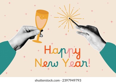 Banner in halftone style, collage of vector elements, hands holding a glass of champagne and a sparkler, multi-colored inscription Happy New Year.