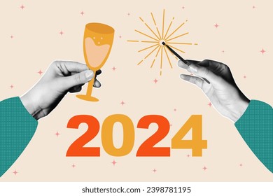 Banner in halftone style, collage of vector elements, hands holding a glass of champagne and a sparkler, multi-colored inscription 2024.