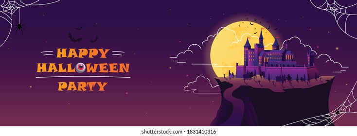 Banner for halloween 2020. A creepy scary castle with bats stands on a mountain with a cliff and a cemetery against the backdrop of a large moon and stars. Flyer concept for party invitation. Vector