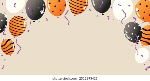 Banner Halloween balloons design. White, black and orange balloons for decoration. Halloween festival. 