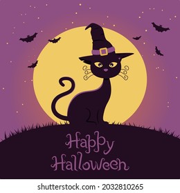 Banner for Halloween cat in hat on the background of the sky, moon and bats with text. Color vector illustration for the invitation card.