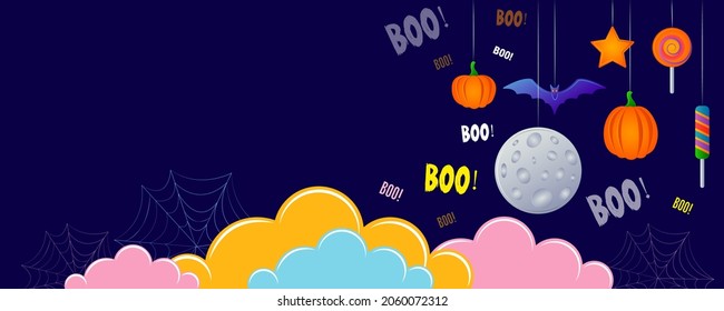 Banner for Halloween. Clouds, candy, bats, pumpkins and other decor