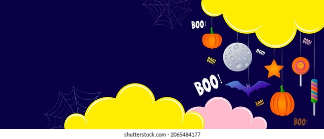 Banner for Halloween. Clouds, candy, bats, pumpkins and other decor