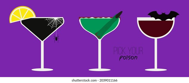 Banner with Halloween cocktails. An illustration of three spooky drinks with creepy decoration. Vector illustration of seasonal alcoholic cocktails. Pick your poison.