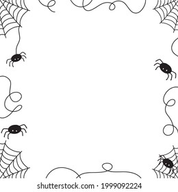 A banner with a Halloween day, an illustration with a spider web and spiders, a cute background design for Halloween. Space for the text. black and white vector illustration