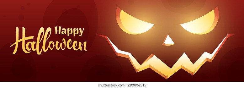 Banner for Halloween. Evil glowing pumpkin face. Holiday symbol. Illustration for greeting cards, invitations, banners, posters