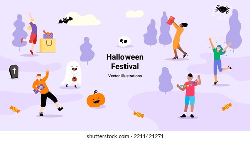 Banner Halloween Festival Party and Celebrate Concept illustrations. Collection set of celebration with young people, men, women in festival. Gifts and Shopping. Vector flat style illustration 