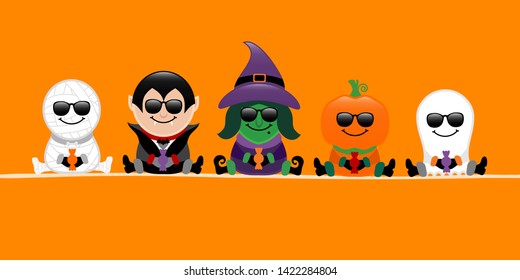 Banner Halloween Mummy Vampire Witch Pumpkin And Ghost Sunglasses Orange