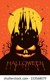 banner for Halloween with a pumpkin face in the form of an old Gothic castle in the cemetery at night