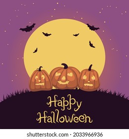 Banner for Halloween with pumpkins and bats on the sky and moon with text. Color vector illustration.