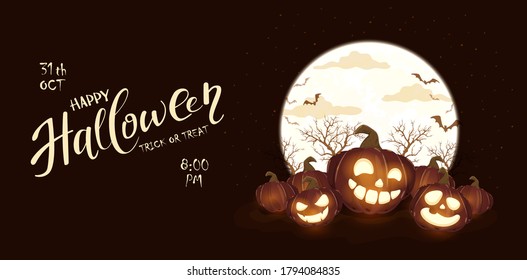 Banner with Halloween pumpkins and Moon on black night background. Holiday card with Jack O' Lanterns and bats. Illustration can be used for clothing design, children's holiday design, cards, banners
