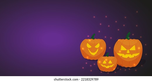A banner for Halloween .  pumpkins with scary faces on a purple background . Horizontal poster. Vector illustration