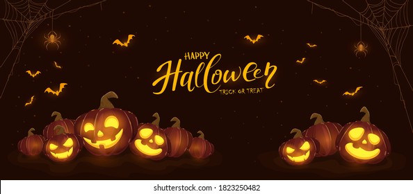 Banner with Halloween pumpkins, spiders and bats on black night background. Holiday card with Jack O' Lanterns. Illustration can be used for clothing design, children's holiday design, cards, banners