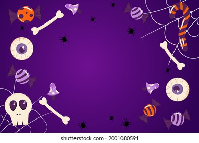 Banner for Halloween purple background with place for text. Spider web, candy, bones, eyes, cute holiday template postcard, invitation for the Halloween holiday. Vector illustration in cartoon style.