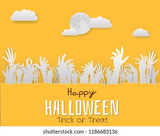 banner halloween. trick or treat with hand. mummy, zombie, moon, cloud. paper cut.