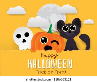 banner halloween. trick or treat with pumpkin, cat, and skull.