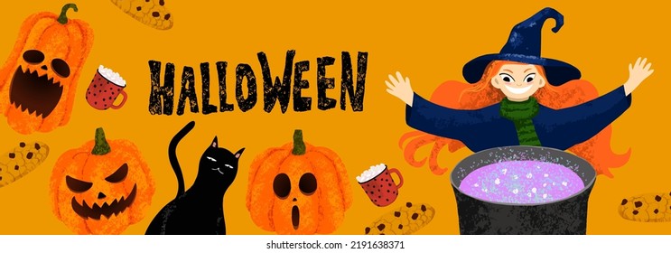 Banner zu Halloween mit Hexe kochen den Tränen im Kessel. Kürbis geschnitzt, Schokolade-Schlamm, Kekse, schwarze Katze auf orangefarbenem Hintergrund. Handgezeichnete Illustration