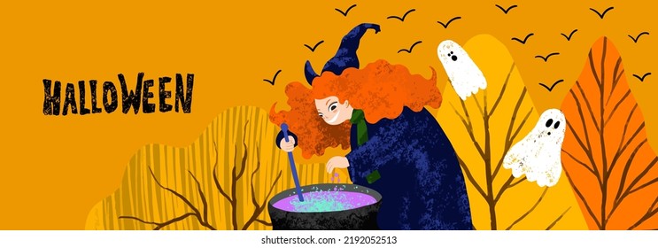 Banner for Halloween with witch cooking the potion in the cauldron, forest, ghosts on orange background. Hand drawn illustration