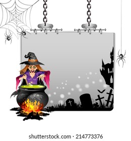 Banner for Halloween with witch preparing a potion
