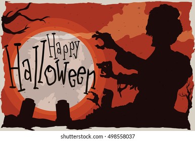 Banner for Halloween with zombie silhouette in a spooky graveyard ready to begin the hunt for brains.