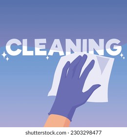 Banner with hand in blue rubber glove wiping surface flat style, vector illustration. Clean and dirty surface, before and after, decorative design with text