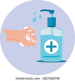 banner of hand disinfection with a sanitizer, soap. hands in the foam that some sanitizer drips, a bottle of disinfectant. template. flat vector illustration