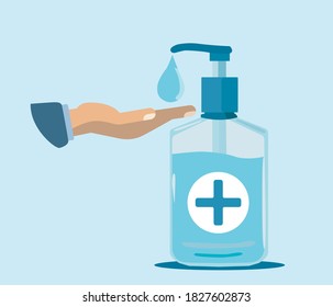banner of hand disinfection with a sanitizer, soap. hand with sanitizer, bottle of disinfectant. template. flat vector illustration